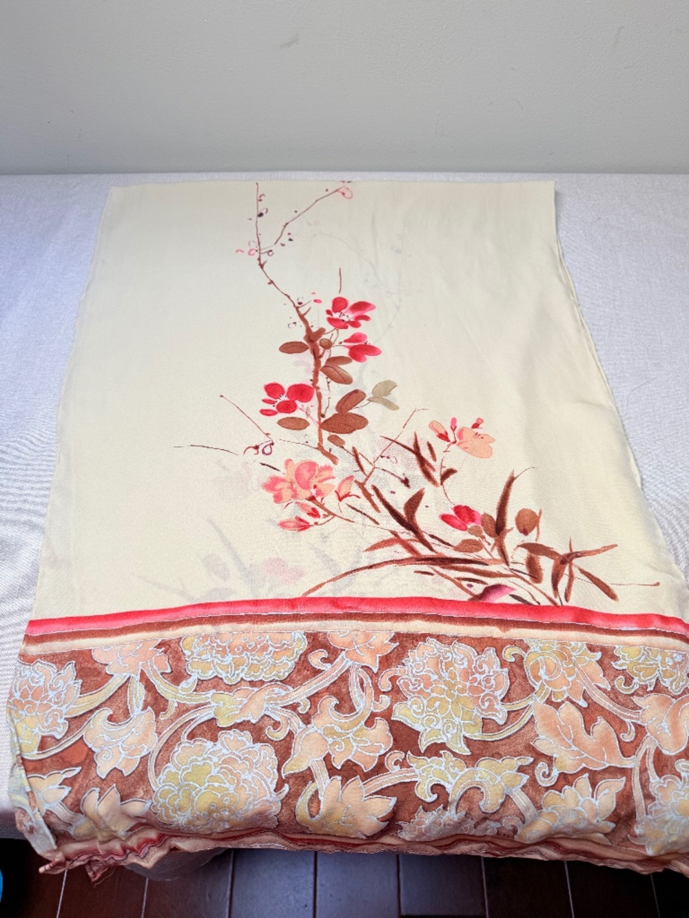 Asian Influence Silk Scarf With Floral Detail
